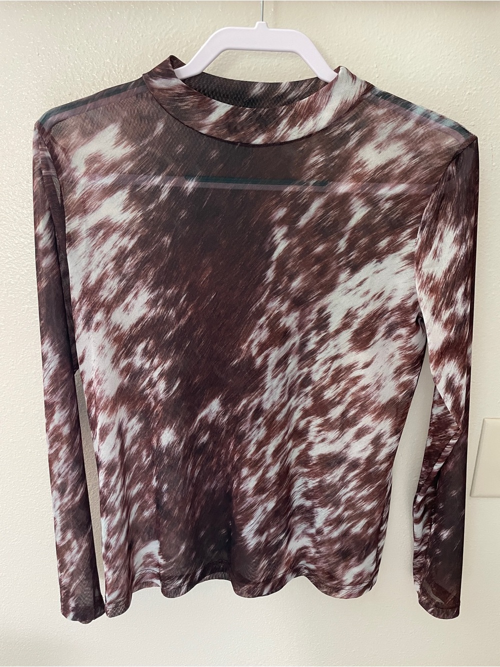 Women's Brown & White Mock Neck Long Sleeve sheer Tee